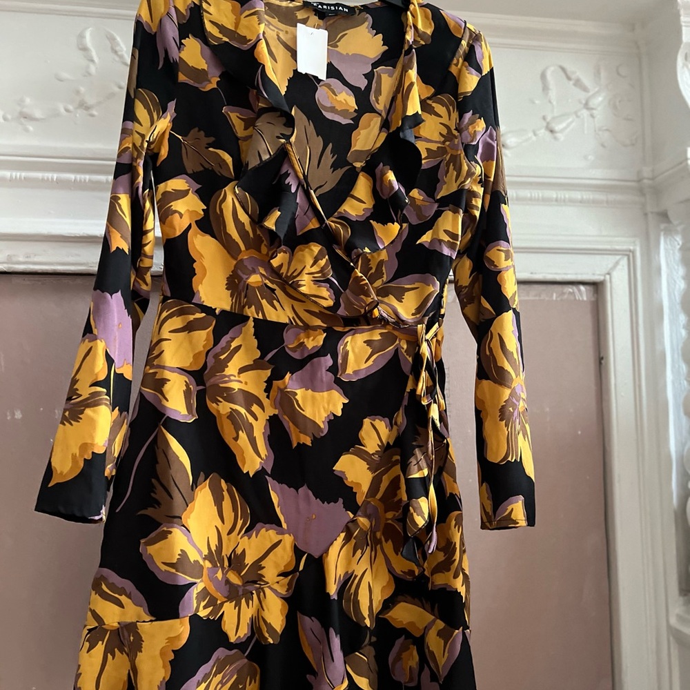 Vintage Parisian Black and Gold Floral 3/4 Sleeve Dress